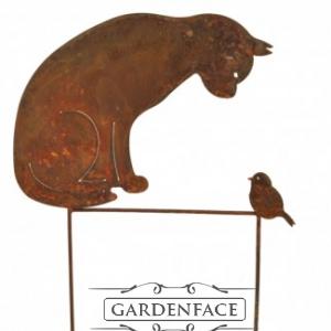 zahradní kovový zápich s patinou "kočka s ptáčkem"