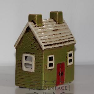 keramický domeček na svíčku - zelený dva komíny