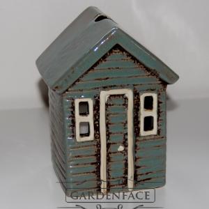 keramický domeček na svíčku - modrý pruhovaný
