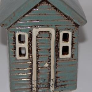 keramický domeček na svíčku - modrý pruhovaný