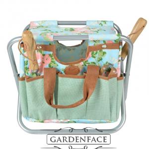 zahradní stolička s taškou na nářadí